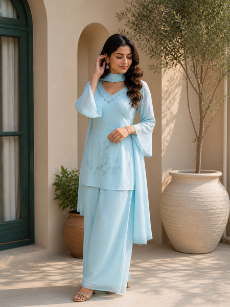 Sky Blue Embroidered Kurta Set
