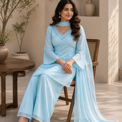 Embroidered Co-Ord Set with Flared Sleeves