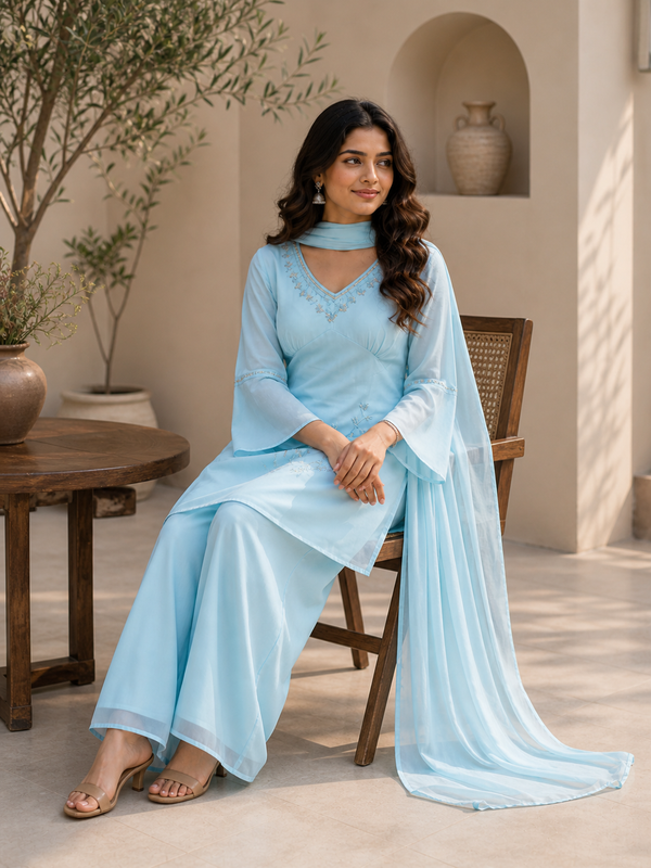 Embroidered Co-Ord Set with Flared Sleeves