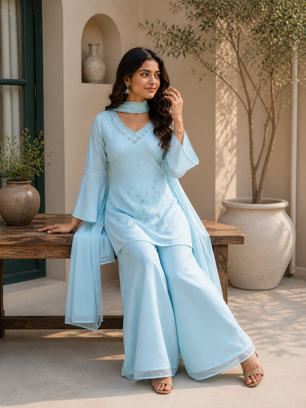 Embroidered Co-Ord Set with Flared Sleeves