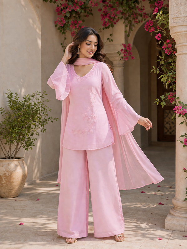 Embroidered Co-Ord Set with Flared Sleeves