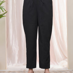 Women Black Cotton Flax Solid Straight Pants