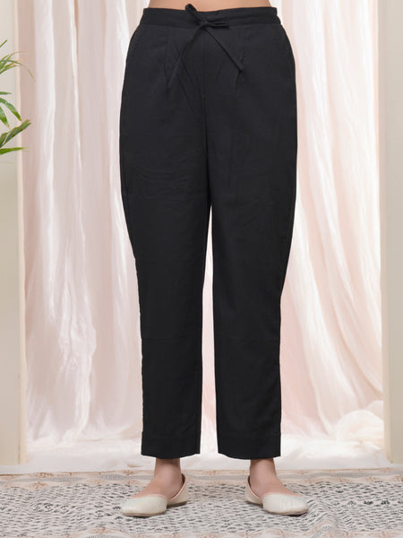 Women Black Cotton Flax Solid Straight Pants