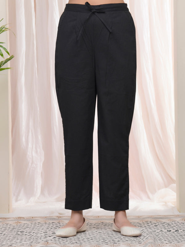 Women Black Cotton Flax Solid Straight Pants