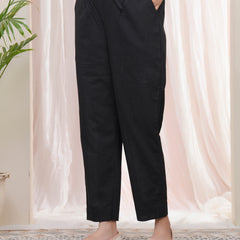 Women Black Cotton Flax Solid Straight Pants