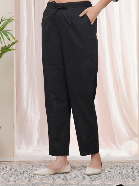Women Black Cotton Flax Solid Straight Pants