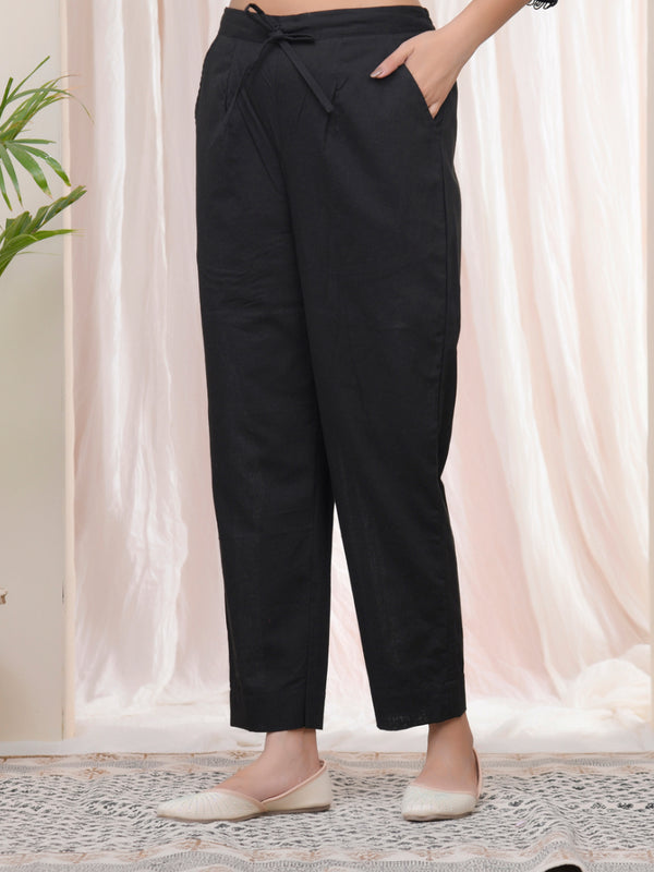 Women Black Cotton Flax Solid Straight Pants