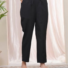 Women Black Cotton Flax Solid Straight Pants