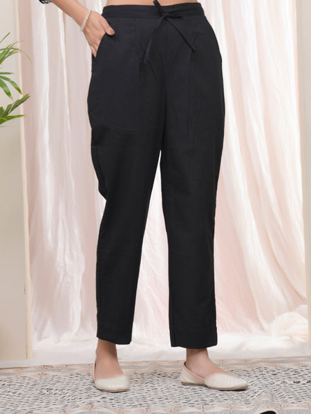 Women Black Cotton Flax Solid Straight Pants
