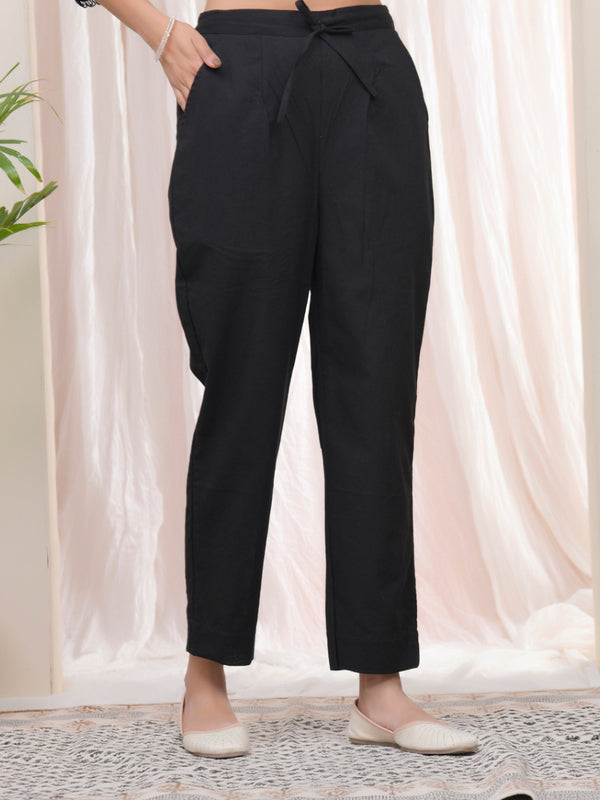 Women Black Cotton Flax Solid Straight Pants