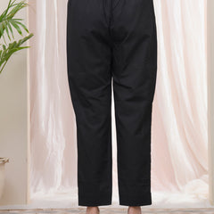 Women Black Cotton Flax Solid Straight Pants