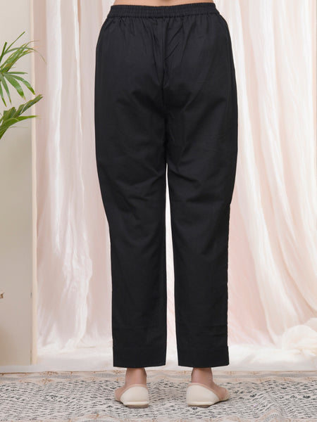 Women Black Cotton Flax Solid Straight Pants