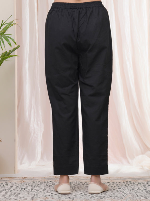 Women Black Cotton Flax Solid Straight Pants
