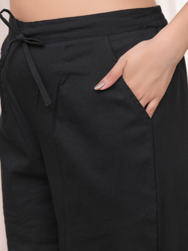 Women Black Cotton Flax Solid Straight Pants