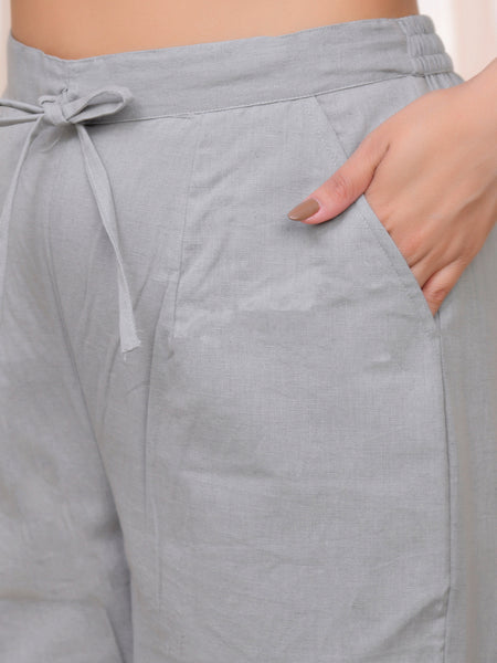 Women Grey Cotton Flax Solid Straight Pants