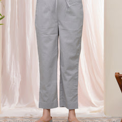 Women Grey Cotton Flax Solid Straight Pants