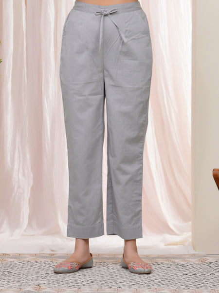 Women Grey Cotton Flax Solid Straight Pants
