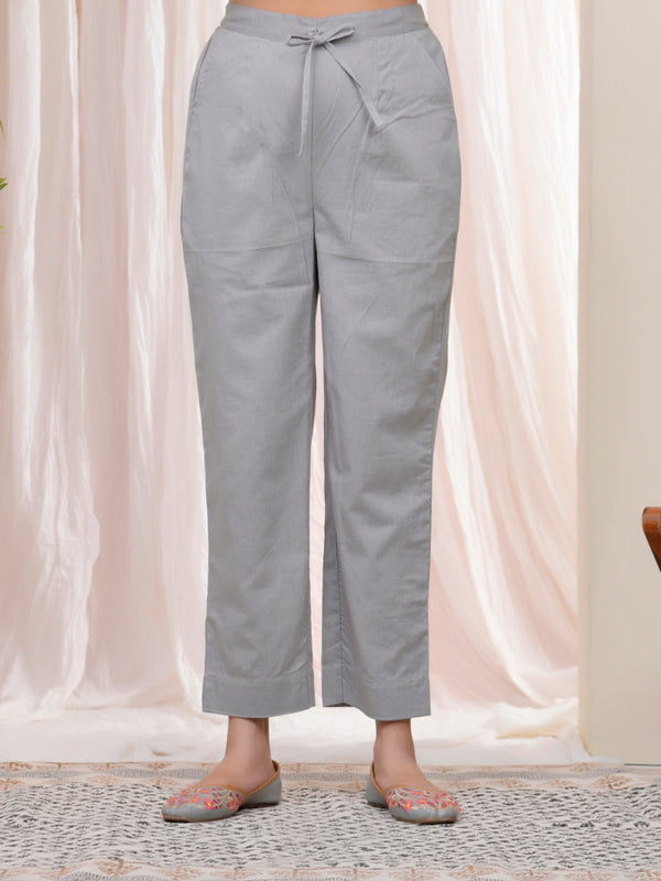 Women Grey Cotton Flax Solid Straight Pants