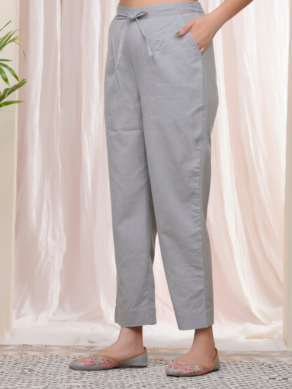 Women Grey Cotton Flax Solid Straight Pants