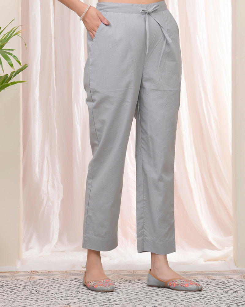 Women Grey Cotton Flax Solid Straight Pants