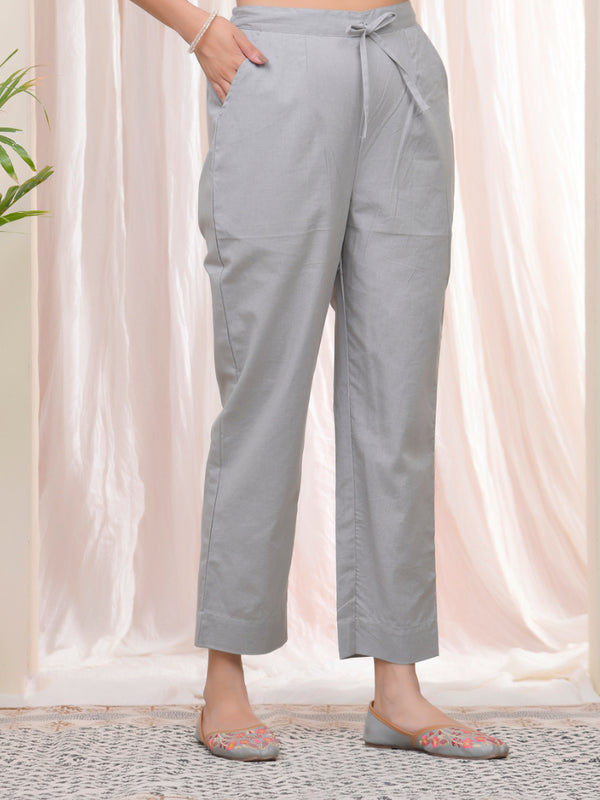 Women Grey Cotton Flax Solid Straight Pants