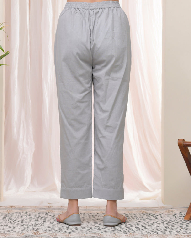 Women Grey Cotton Flax Solid Straight Pants