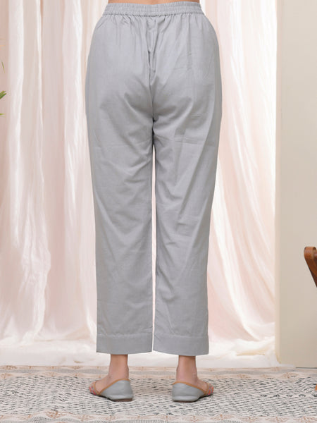 Women Grey Cotton Flax Solid Straight Pants