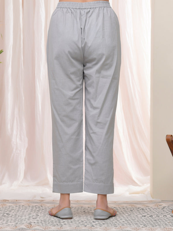 Women Grey Cotton Flax Solid Straight Pants