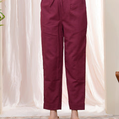 Women Magenta Cotton Flax Solid Straight Pants