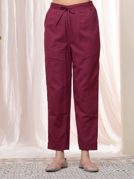 Women Magenta Cotton Flax Solid Straight Pants