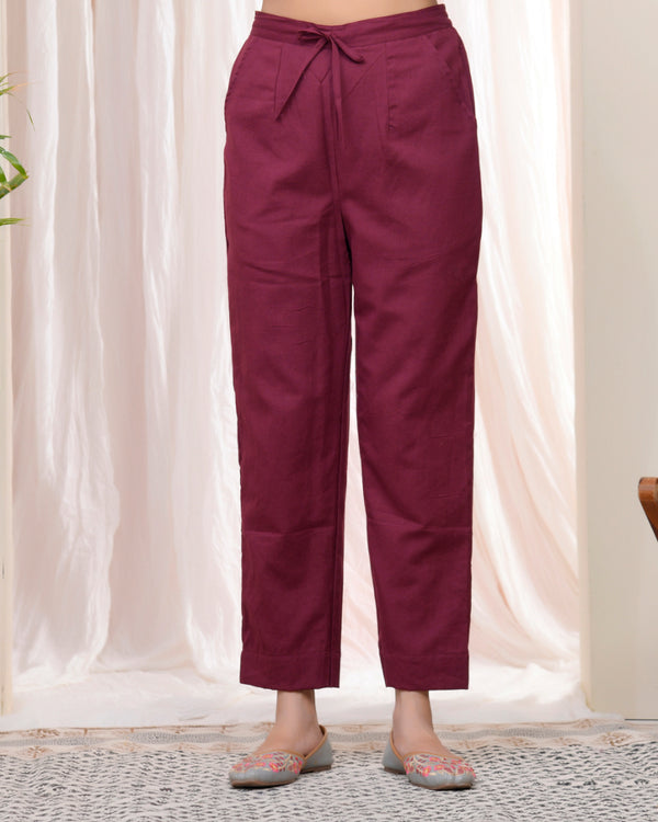 Women Magenta Cotton Flax Solid Straight Pants