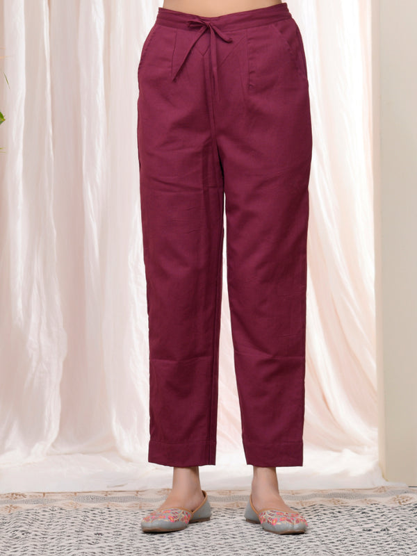 Women Magenta Cotton Flax Solid Straight Pants