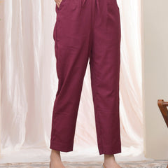 Women Magenta Cotton Flax Solid Straight Pants