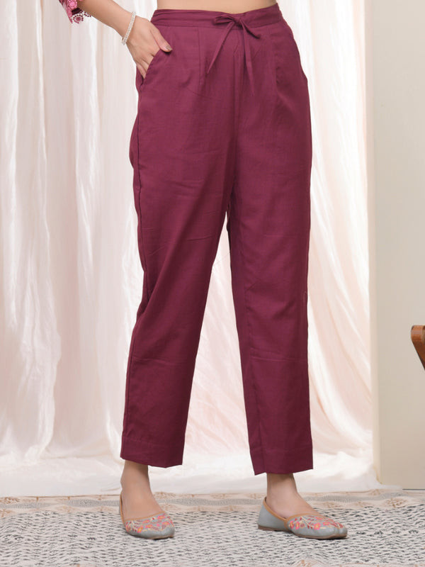 Women Magenta Cotton Flax Solid Straight Pants