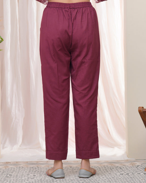 Women Magenta Cotton Flax Solid Straight Pants