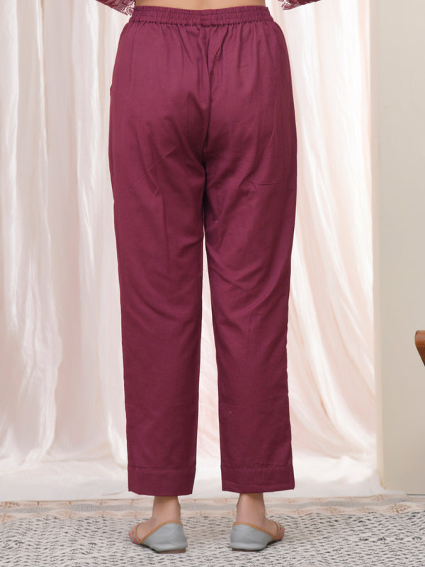 Women Magenta Cotton Flax Solid Straight Pants