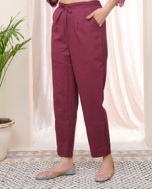 Women Magenta Cotton Flax Solid Straight Pants