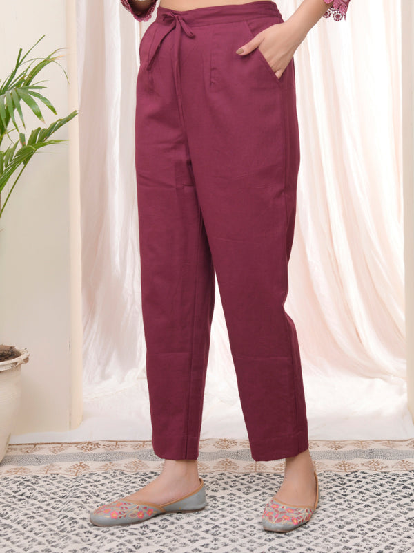 Women Magenta Cotton Flax Solid Straight Pants