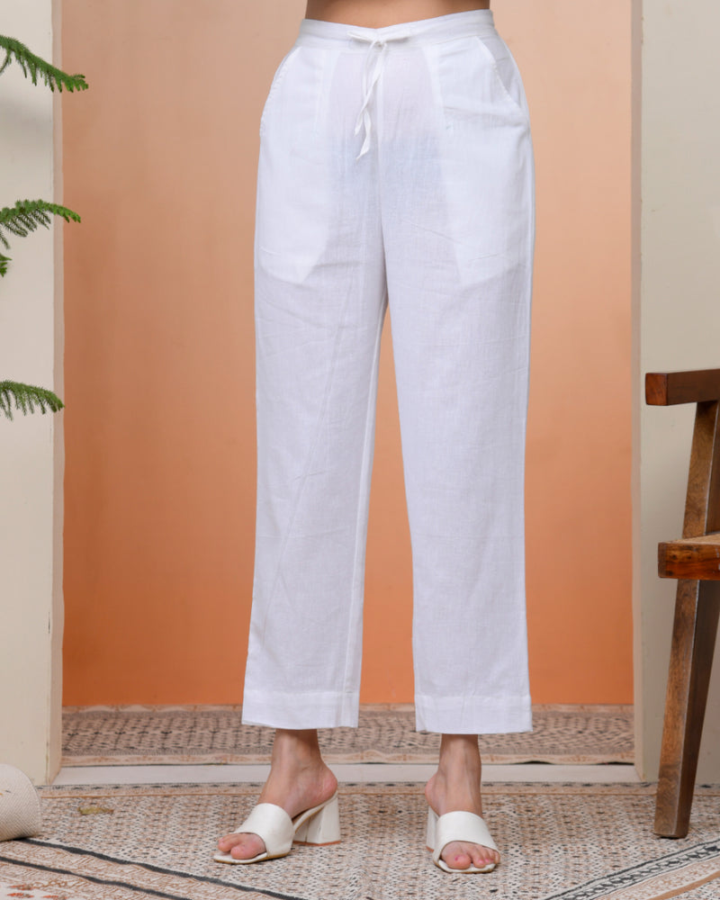 Women Whitel Cotton Flax Solid Straight Pants