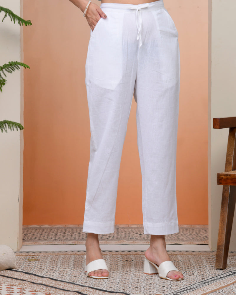 Women Whitel Cotton Flax Solid Straight Pants