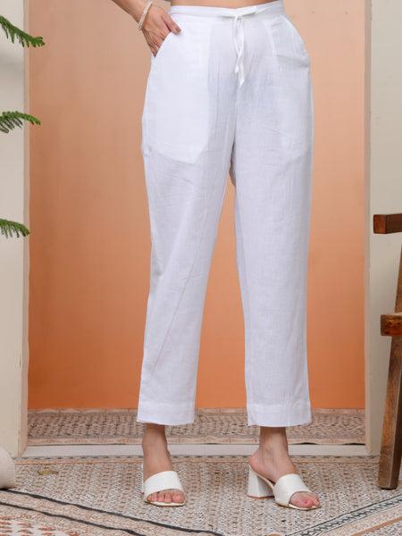 Women Whitel Cotton Flax Solid Straight Pants