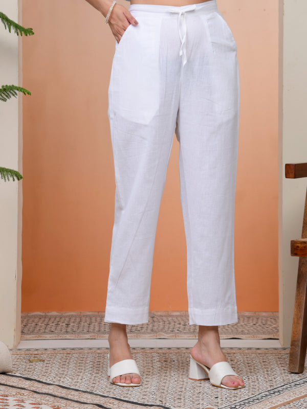 Women Whitel Cotton Flax Solid Straight Pants