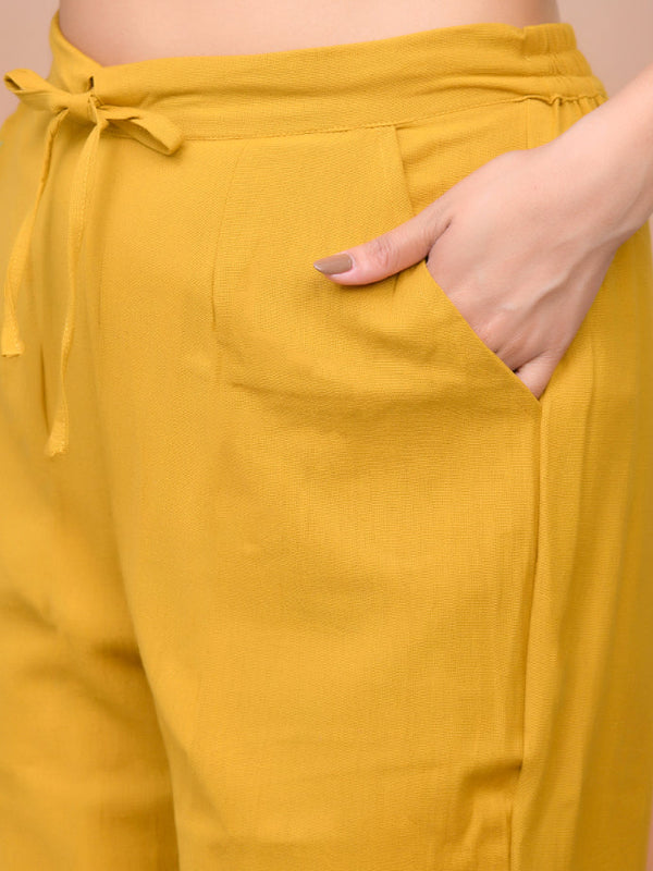 Women Mustard Cotton Flax Solid Straight Pants