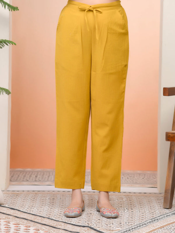 Women Mustard Cotton Flax Solid Straight Pants