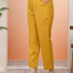 Women Mustard Cotton Flax Solid Straight Pants