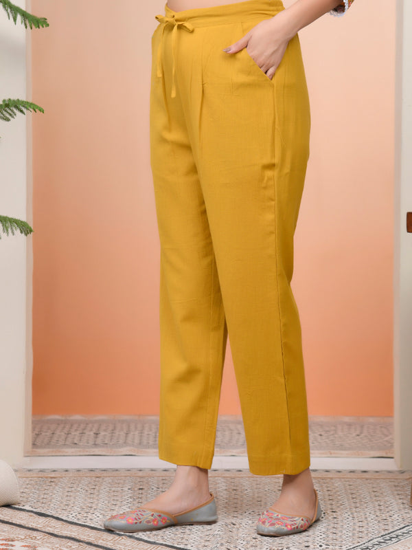 Women Mustard Cotton Flax Solid Straight Pants