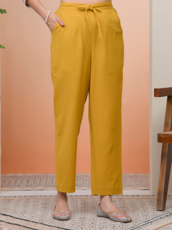 Women Mustard Cotton Flax Solid Straight Pants