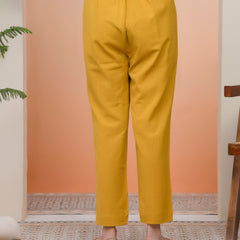 Women Mustard Cotton Flax Solid Straight Pants