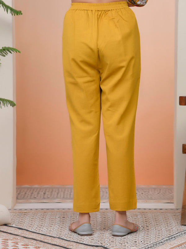 Women Mustard Cotton Flax Solid Straight Pants