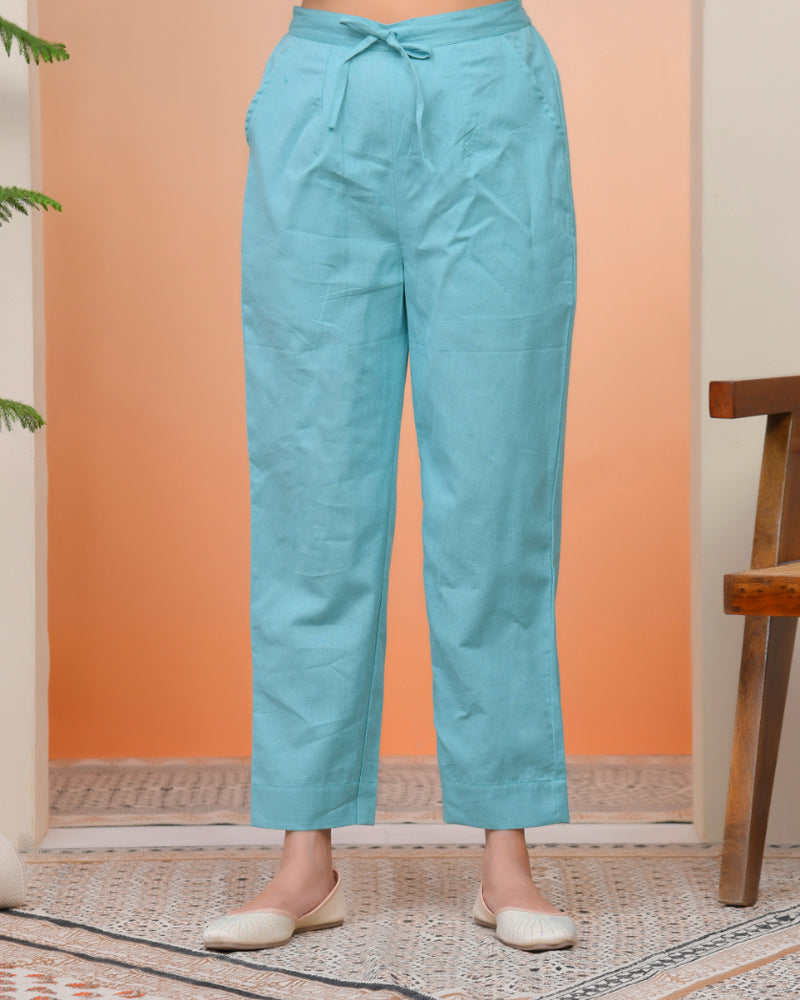 Women Turquoise Cotton Flax Solid Straight Pants